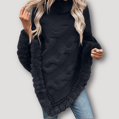 Fur Trim Chunky Cable Knit Poncho Women