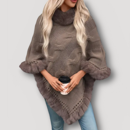 Fur Trim Chunky Cable Knit Poncho Women