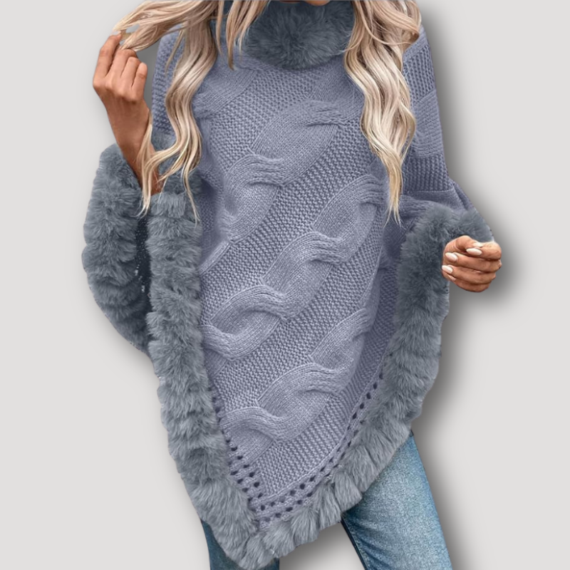 Fur Trim Chunky Cable Knit Poncho Women