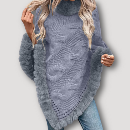 Fur Trim Chunky Cable Knit Poncho Women