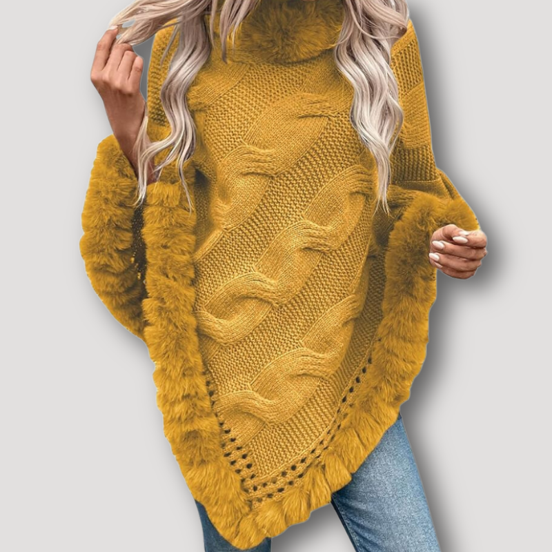 Fur Trim Chunky Cable Knit Poncho Women