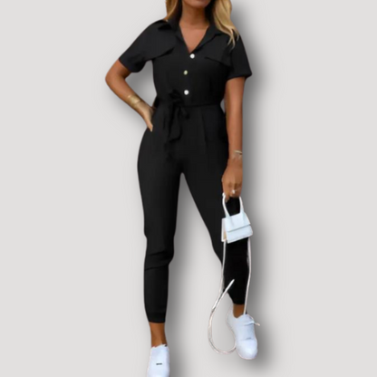 Short Sleeve Collared Tie Belt Jumpsuit Overall Women