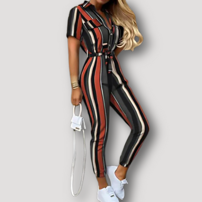 Short Sleeve Collared Tie Belt Jumpsuit Overall Women