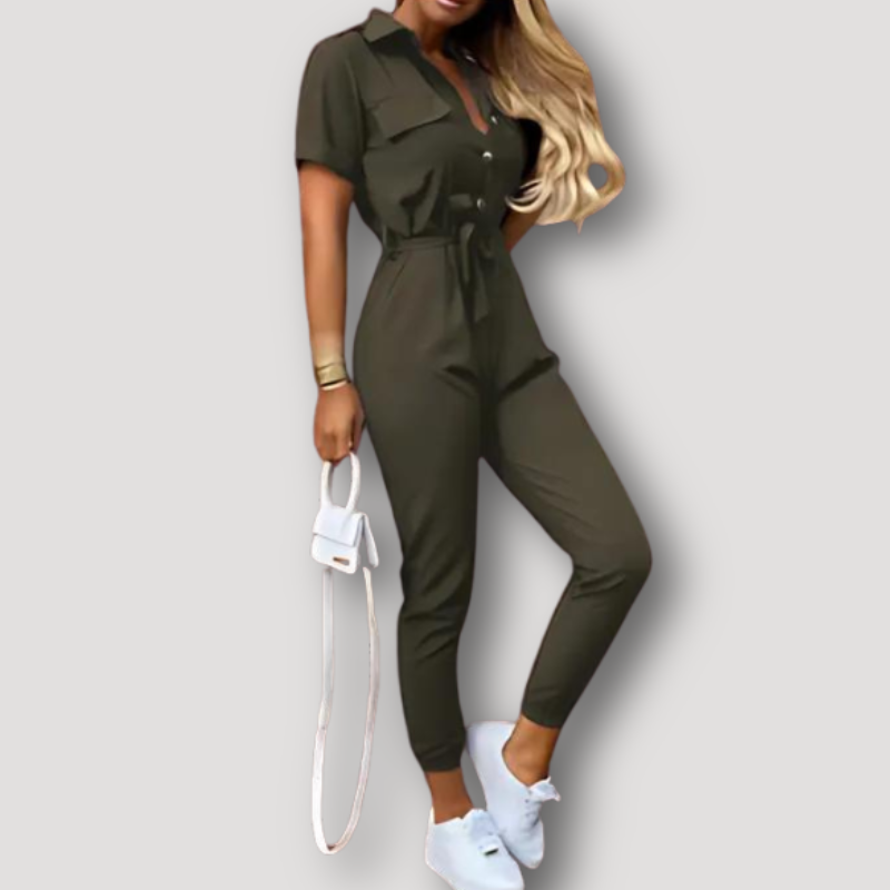 Short Sleeve Collared Tie Belt Jumpsuit Overall Women