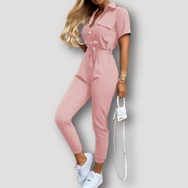 Short Sleeve Collared Tie Belt Jumpsuit Overall Women