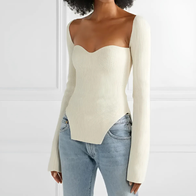 Ribbed Knit Sweetheart Neckline Top Lady Knitwear