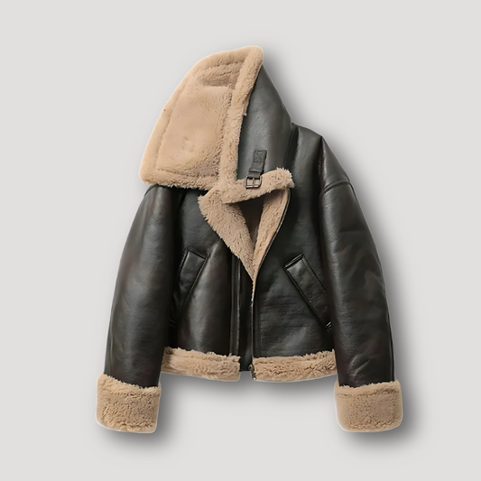 Vintage Faux Leather Shearling Aviator Jacket Women