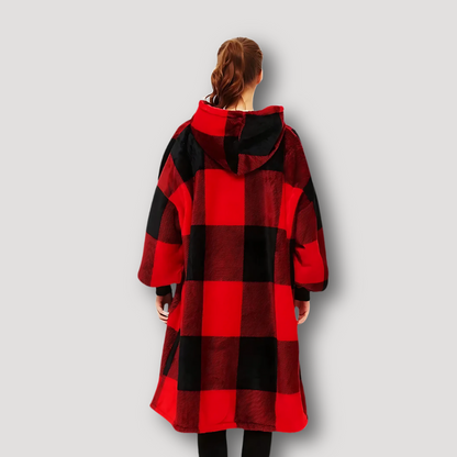 Oversized Red Plaid Winter Hoodie Dress Long Sleeve