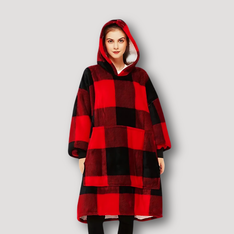 Oversized Red Plaid Winter Hoodie Dress Long Sleeve