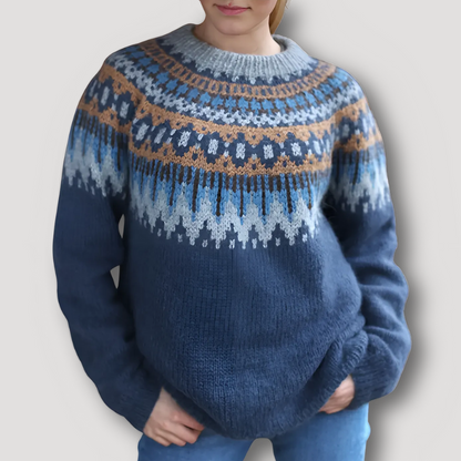 Nordic Pattern Cozy Winter Blue Knit Sweater for Women