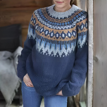 Nordic Pattern Cozy Winter Blue Knit Sweater for Women