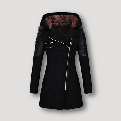 Quilted Faux Leather Sleeve Hooded Winter Coat Long Women