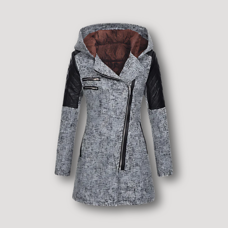 Quilted Faux Leather Sleeve Hooded Winter Coat Long Women