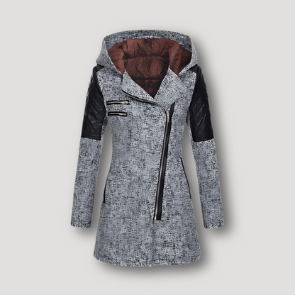 Quilted Faux Leather Sleeve Hooded Winter Coat Long Women