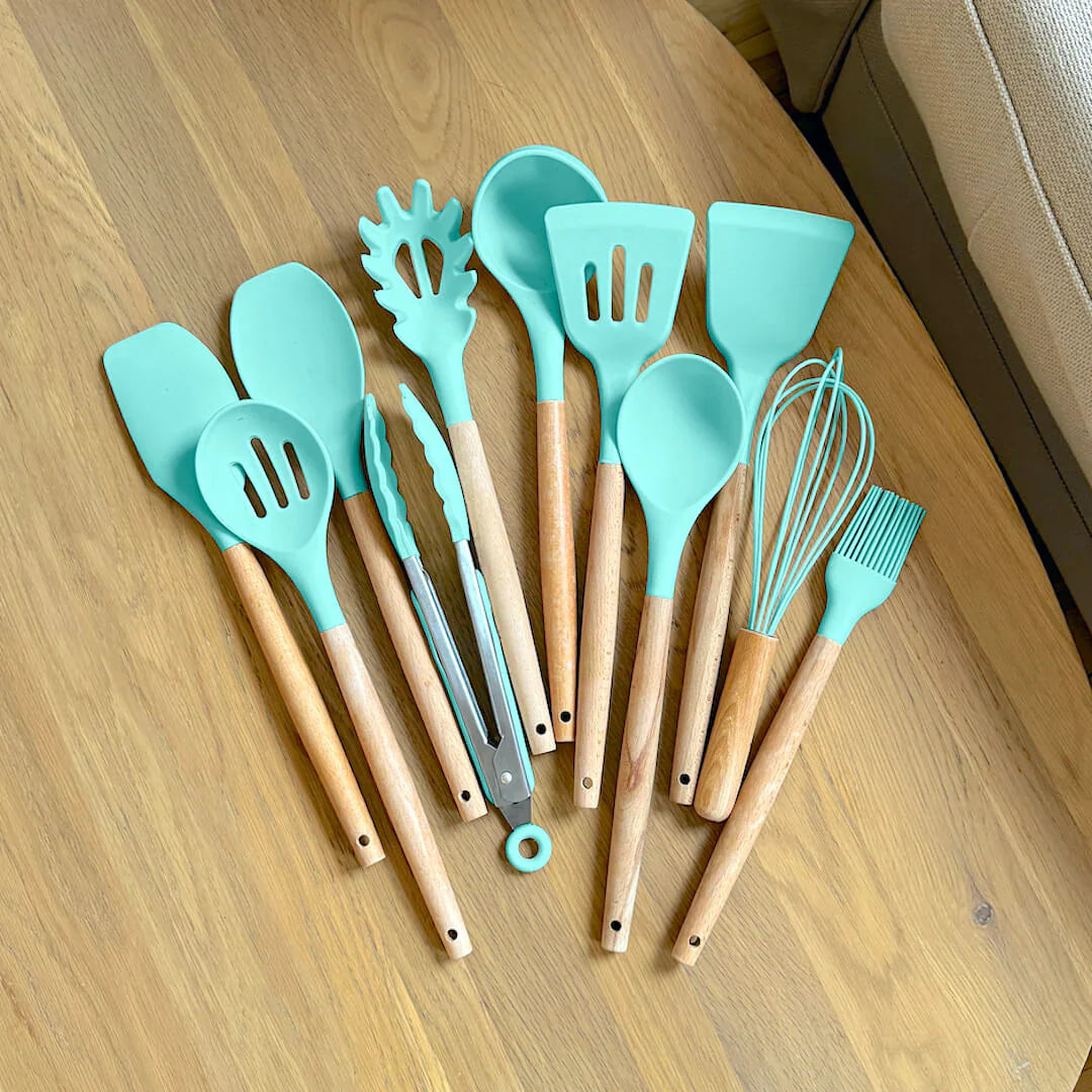 Wooden Silicone Kitchen Utensils Set - Non Toxic BPA Free - 11 Pieces - Heat Resistant