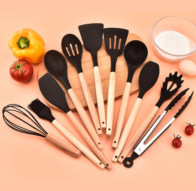 Wooden Silicone Kitchen Utensils Set - Non Toxic BPA Free - 11 Pieces - Heat Resistant