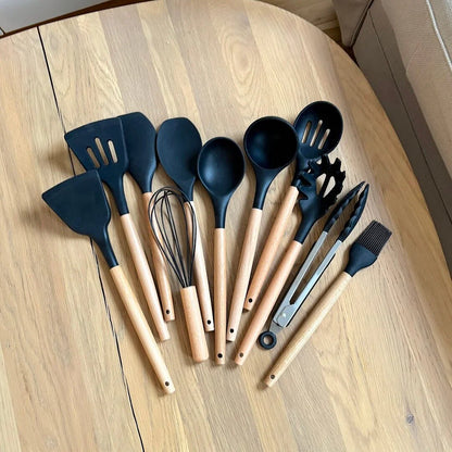 Wooden Silicone Kitchen Utensils Set - Non Toxic BPA Free - 11 Pieces - Heat Resistant