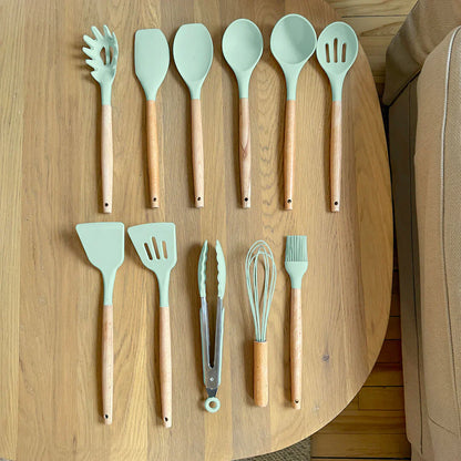 Wooden Silicone Kitchen Utensils Set - Non Toxic BPA Free - 11 Pieces - Heat Resistant