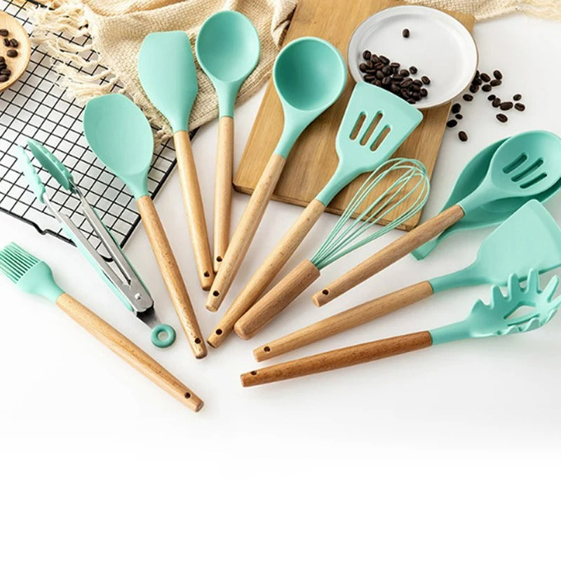 Wooden Silicone Kitchen Utensils Set - Non Toxic BPA Free - 11 Pieces - Heat Resistant