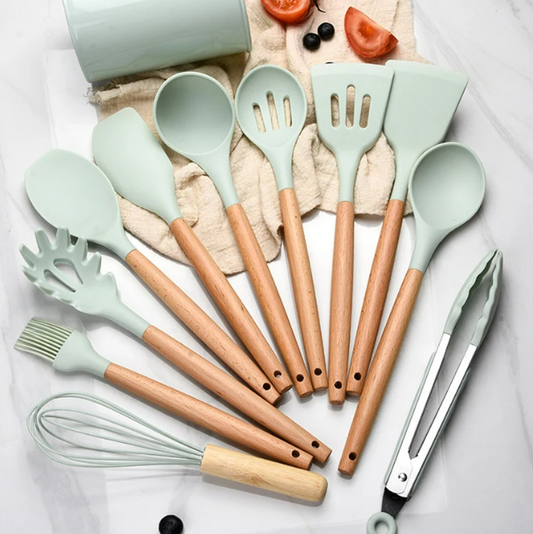 Wooden Silicone Kitchen Utensils Set - Non Toxic BPA Free - 11 Pieces - Heat Resistant