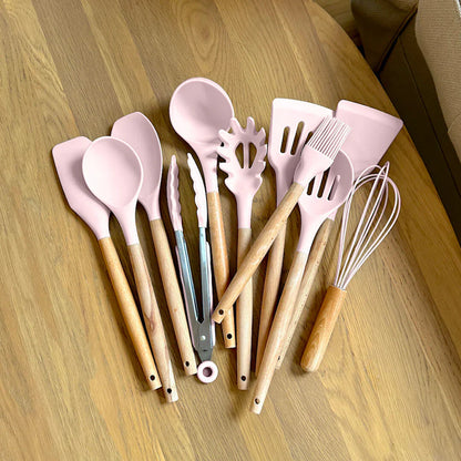 Wooden Silicone Kitchen Utensils Set - Non Toxic BPA Free - 11 Pieces - Heat Resistant