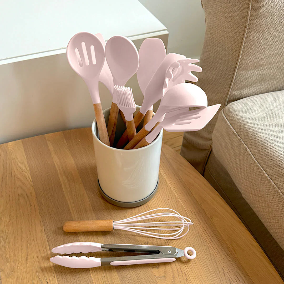 Wooden Silicone Kitchen Utensils Set - Non Toxic BPA Free - 11 Pieces - Heat Resistant