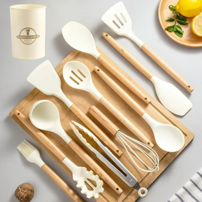 Wooden Silicone Kitchen Utensils Set - Non Toxic BPA Free - 11 Pieces - Heat Resistant