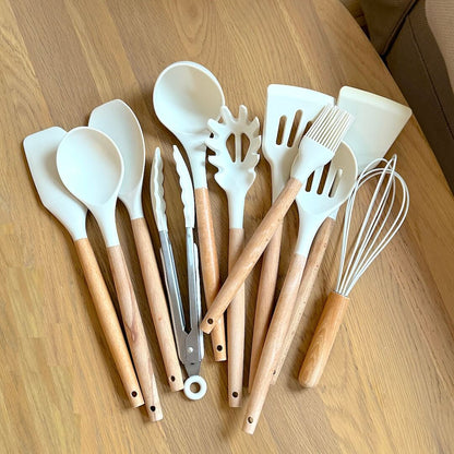 Wooden Silicone Kitchen Utensils Set - Non Toxic BPA Free - 11 Pieces - Heat Resistant