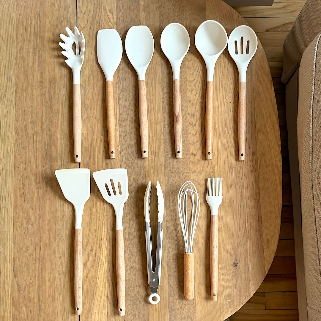 Wooden Silicone Kitchen Utensils Set - Non Toxic BPA Free - 11 Pieces - Heat Resistant