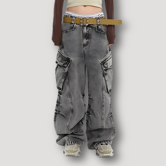 Grey Washed Baggy Cargo Pants for Women