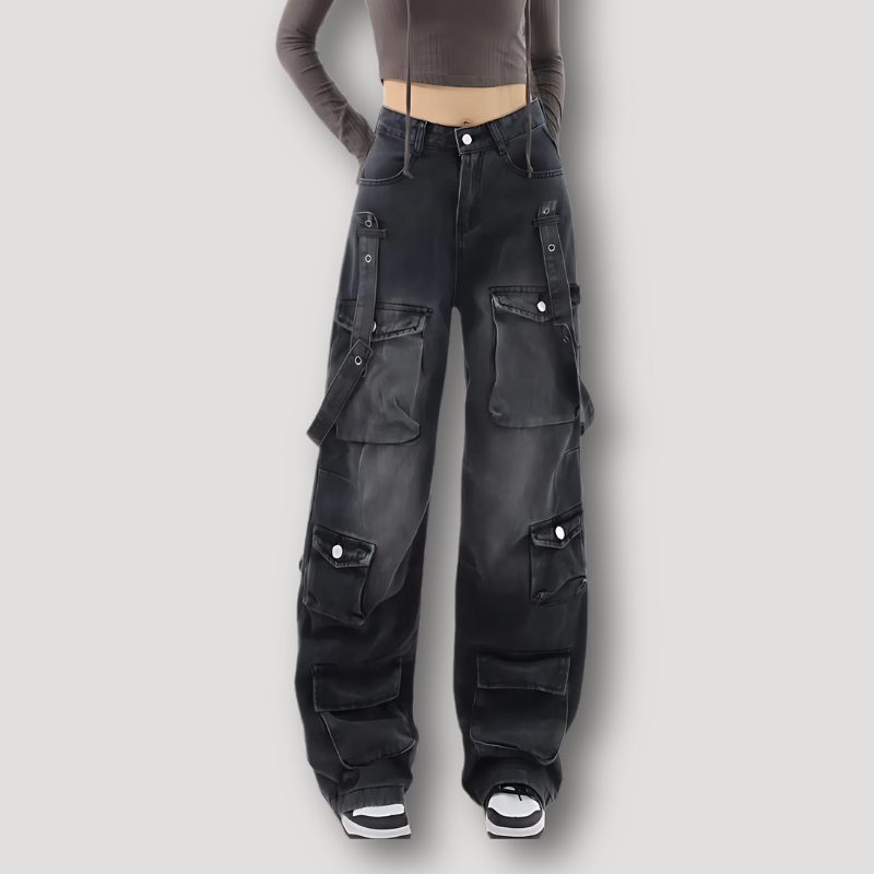 High Waist Side Strap Detail Baggy Black Cargo Jeans Women's