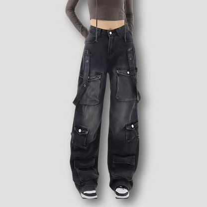 High Waist Side Strap Detail Baggy Black Cargo Jeans Women's