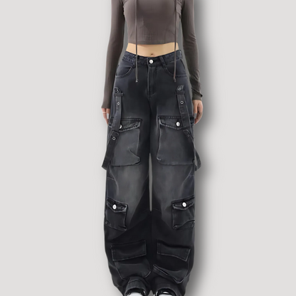 High Waist Side Strap Detail Baggy Black Cargo Jeans Women's