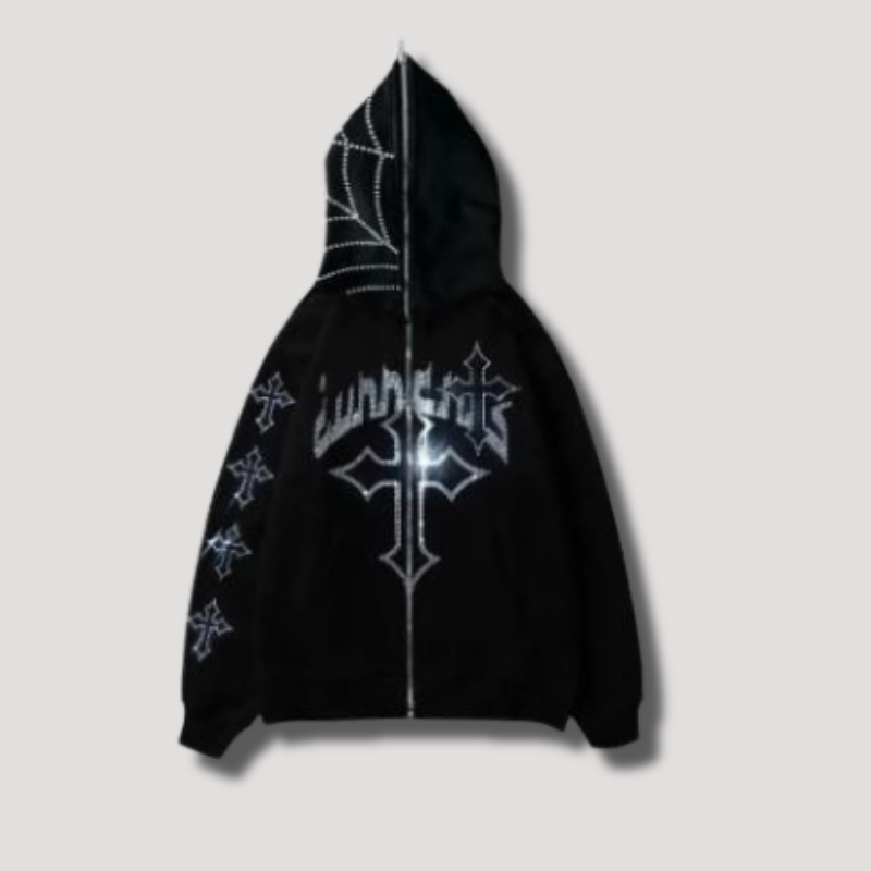 Cross Rhinestone Full Zip Hoodie