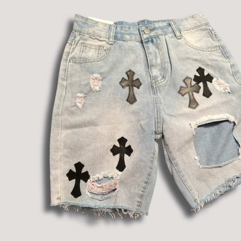 Ripped Shorts Cross Patchwork Jeans