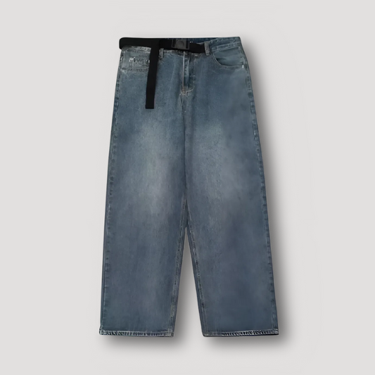 Belted Washed Baggy Blue Jeans Women