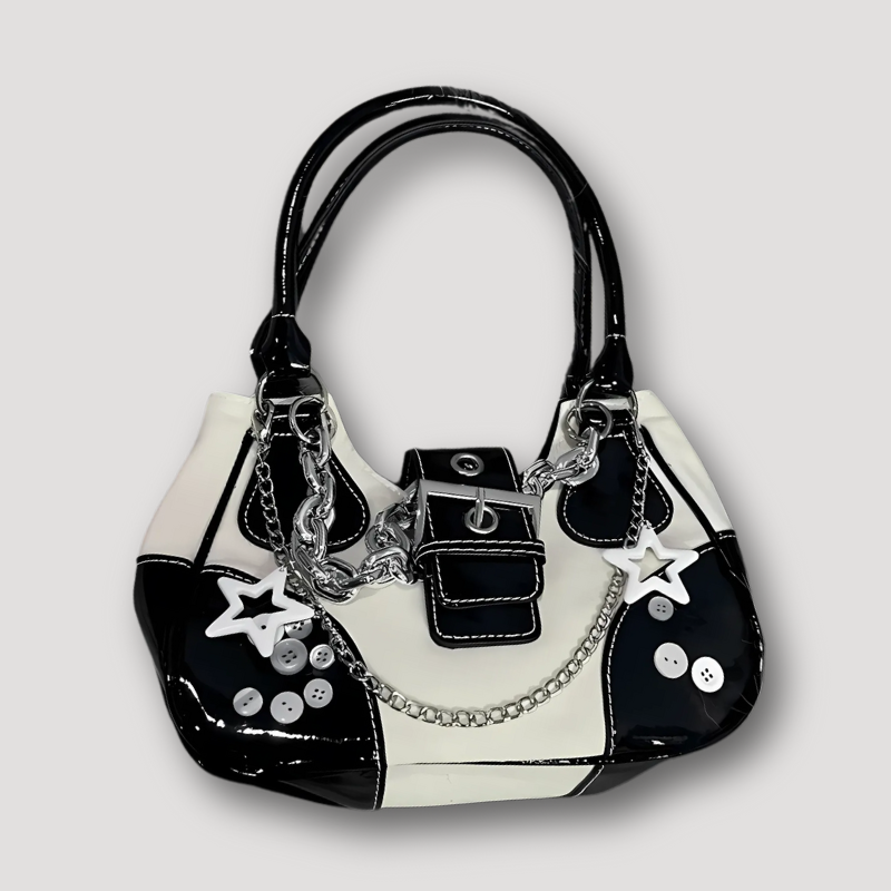 Monochrome Star Silver Chain Patent Leather Handbag for Women