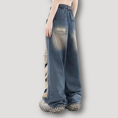 Extremely Distressed Washed Torn High Rise Jeans Wide Leg