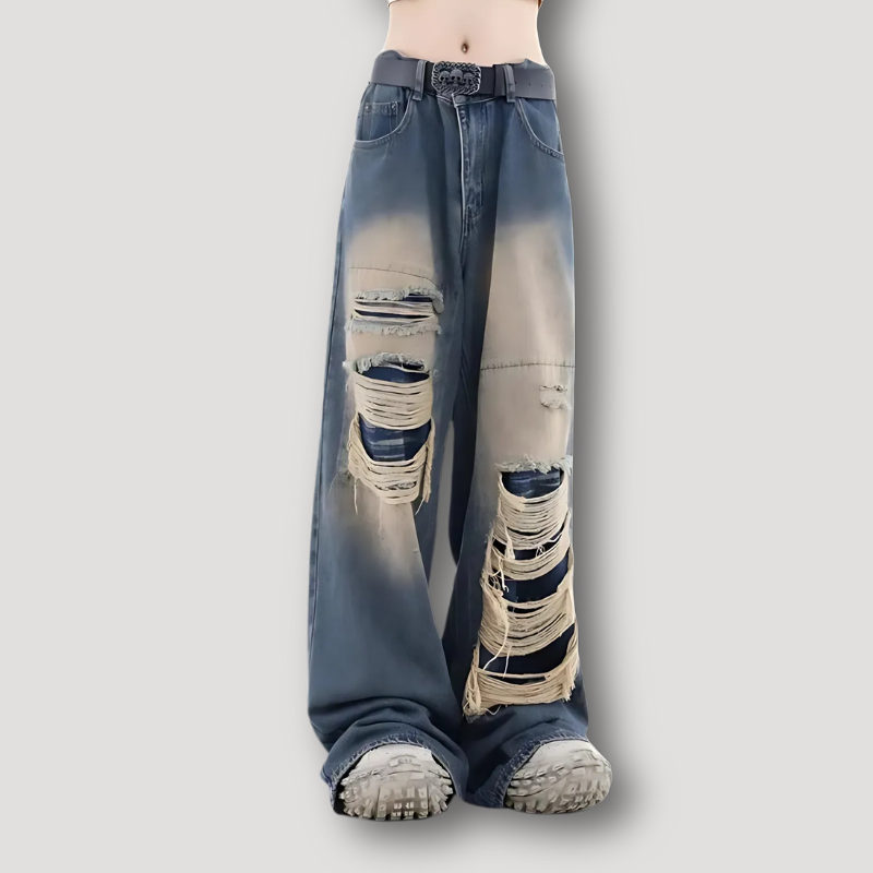 Extremely Distressed Washed Torn High Rise Jeans Wide Leg