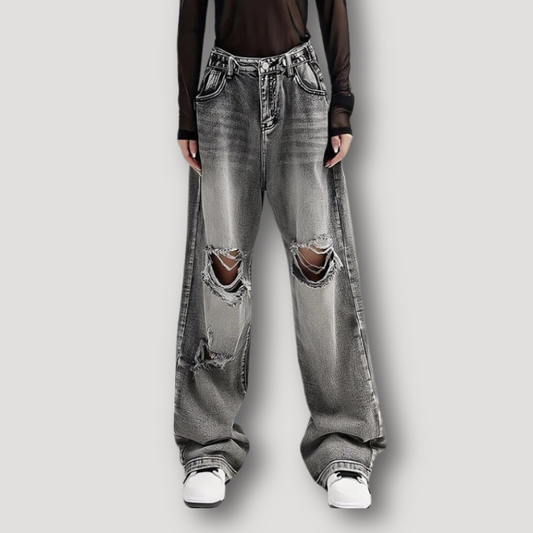 Ripped Distressed Rugged High Rise Jeans Wide Leg