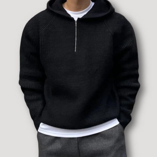 Ribbed Knit Quarter Zip Sweater with a Hoodie