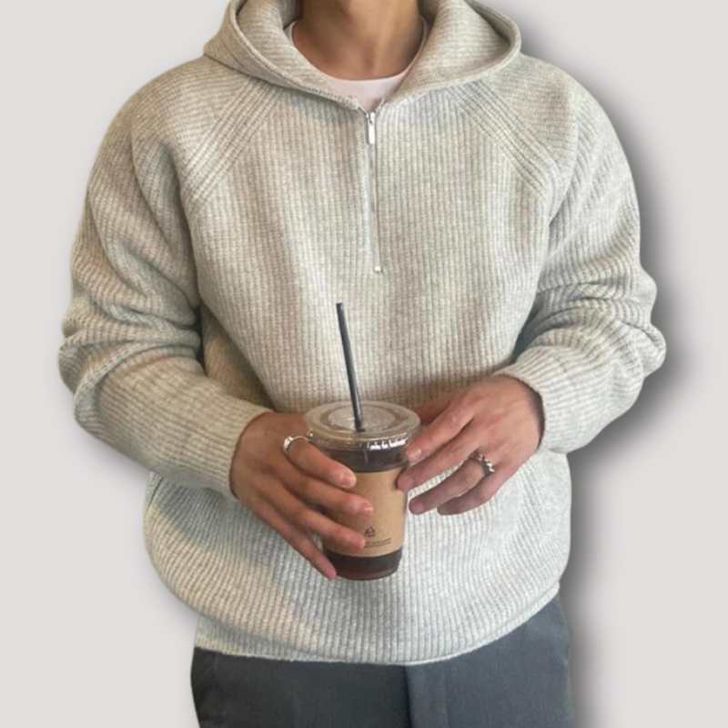 Ribbed Knit Quarter Zip Sweater with a Hoodie