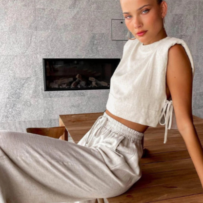 Summer Outfit Women Linen Crop top and Pants Set