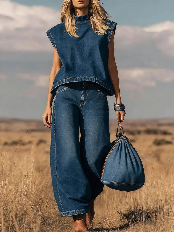 Women Denim Two Piece Set – Sleeveless Stand Collar Top Wide Leg Pants