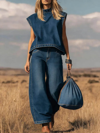 Women Denim Two Piece Set – Sleeveless Stand Collar Top Wide Leg Pants