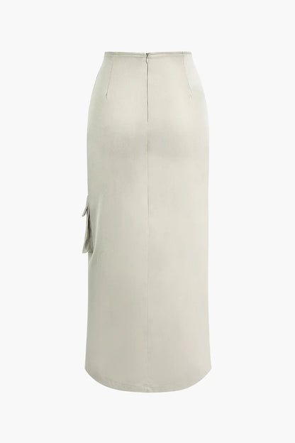 Grey Asymmetric Maxi Skirt Women – Belted Split Design – Polyester With Flap Pocket