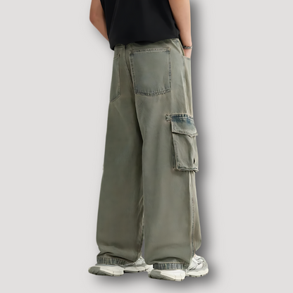 Green Acid Washed Wide Leg Cargo Denim Jeans Baggy