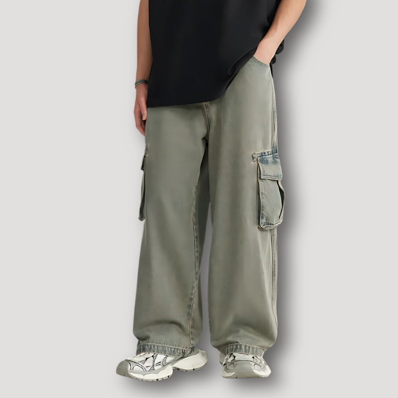 Green Acid Washed Wide Leg Cargo Denim Jeans Baggy