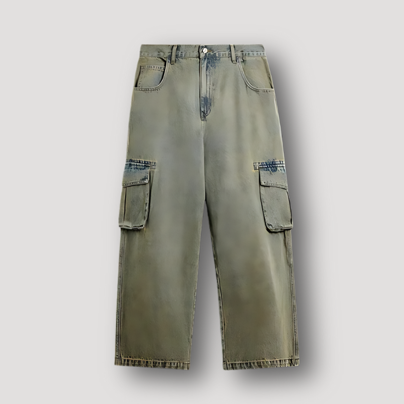 Green Acid Washed Wide Leg Cargo Denim Jeans Baggy