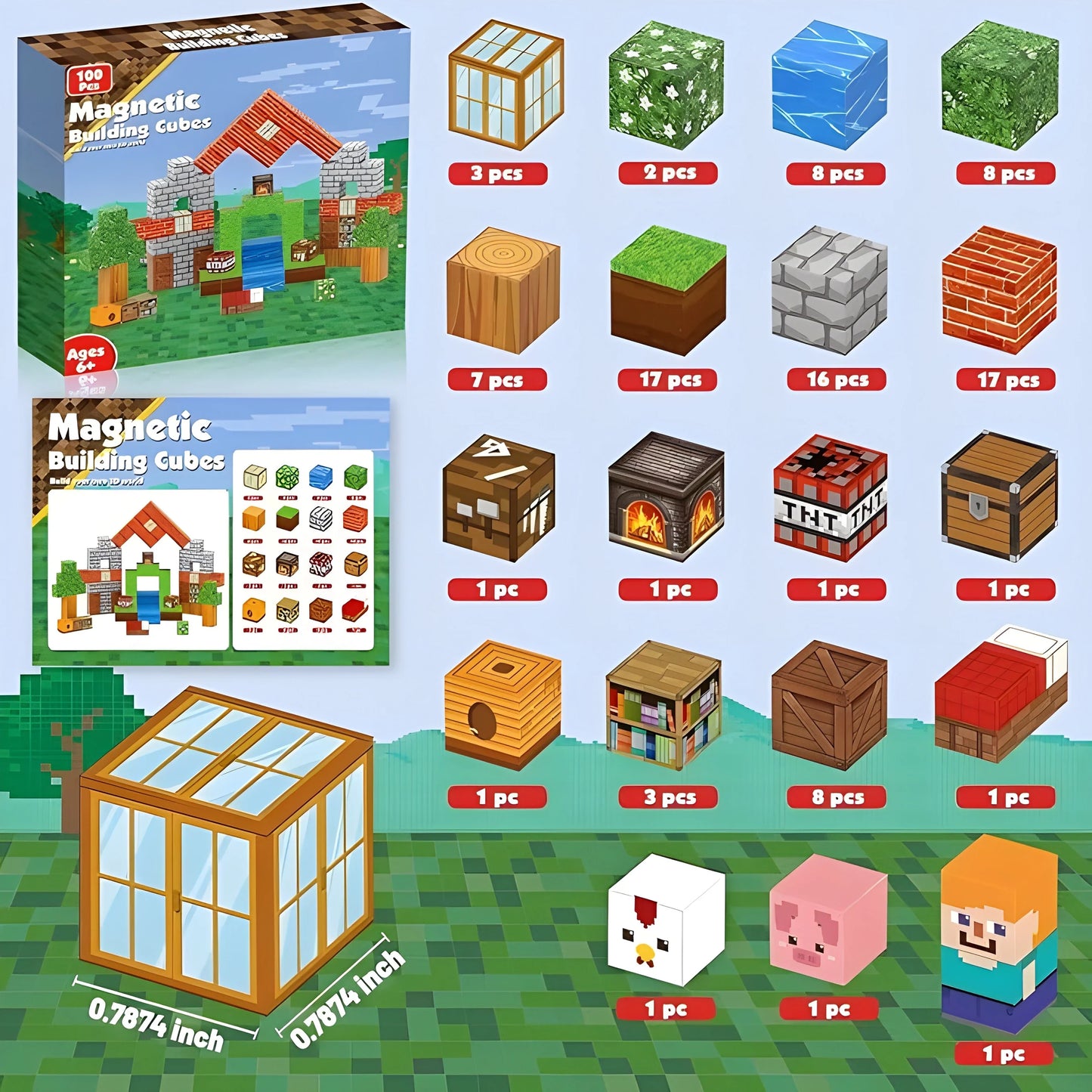 Minecraft Magnetic Building Blocks – 100 pcs – Magnetic blocks – Children's toys 3+